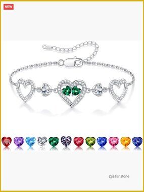 925 Sterling Silver Heart Birthstone Charm Bracelet with Lobster Claw Clasp